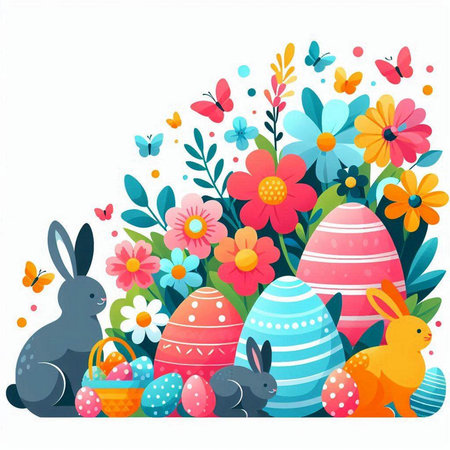 Easter background with eggs, flowers and bunnies. Vector illustration.のイラスト素材