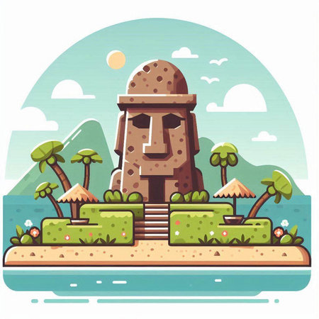 Egyptian stone head on island. Vector illustration in flat style.のイラスト素材