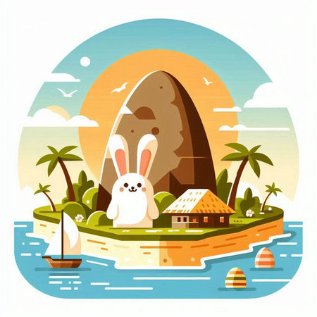 Rabbit on island. Vector illustration in flat style. Summer vacation.のイラスト素材