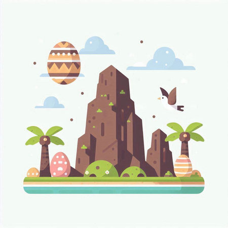 Easter illustration with eggs and mountains. Vector illustration in flat styleのイラスト素材