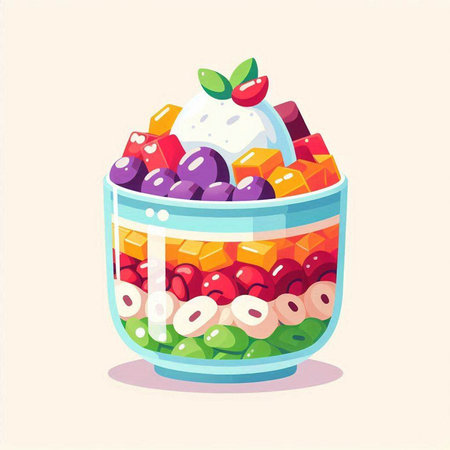 Fruit salad in glass bowl. Vector illustration in cartoon style.のイラスト素材