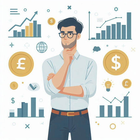 Thoughtful businessman thinking about money. Vector illustration in flat styleのイラスト素材