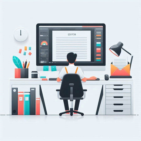 Businessman working on computer in office. Vector illustration in flat styleのイラスト素材