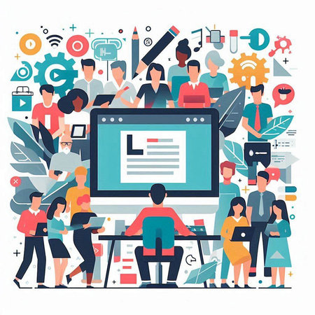 Teamwork concept with people working together. Vector illustration in flat styleのイラスト素材
