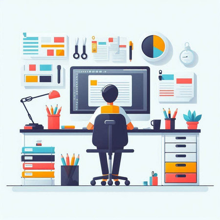Man working at the computer in office. Flat style vector illustration.のイラスト素材