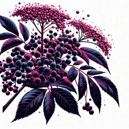 Vector illustration of a branch of black elderberry with berries and leaves.のイラスト素材