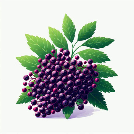 Bunch of ripe black elderberry with green leaves. Vector illustration.のイラスト素材