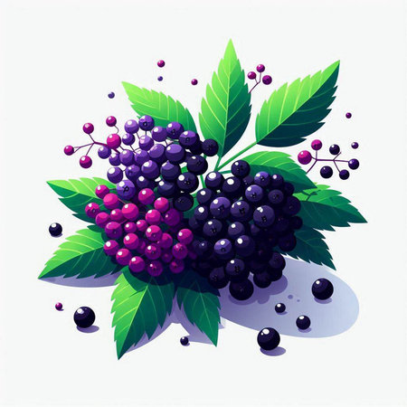 Bunch of black elderberry with green leaves. Vector illustration.のイラスト素材