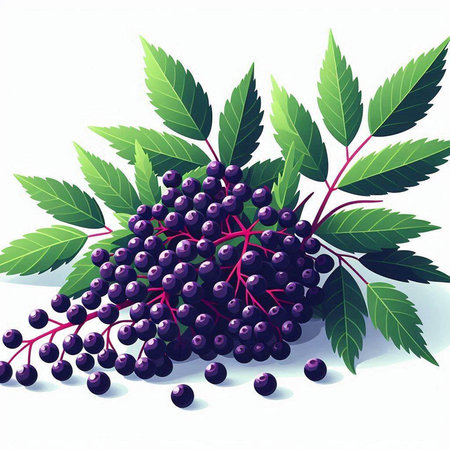 Bunch of black elderberry with green leaves. Vector illustration.のイラスト素材