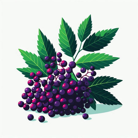 Bunch of black elderberry with green leaves. Vector illustration.