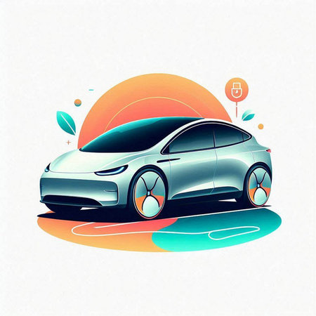 Modern car on the background of an orange sun. Vector illustration.のイラスト素材