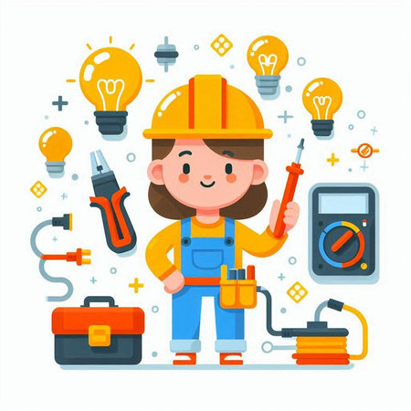 Cute little girl in helmet and overalls holding screwdriver, electrician tools, flat vector illustration.のイラスト素材