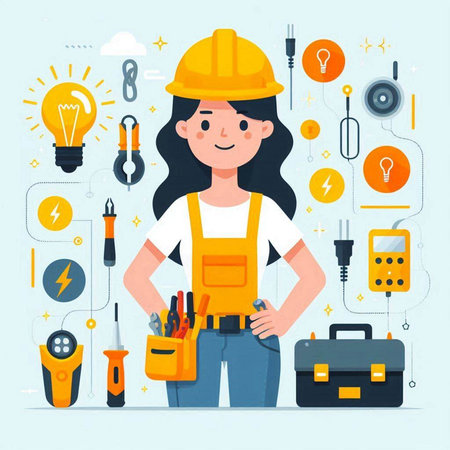 Female engineer. Vector illustration in flat cartoon style. Girl in a helmet with tools.のイラスト素材