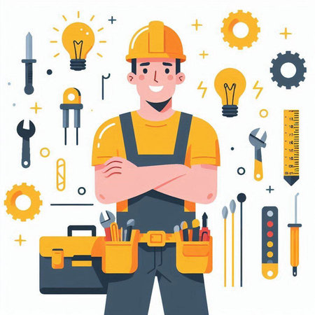 Vector illustration in flat style with a builder, repairman, builder.のイラスト素材