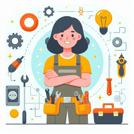 Woman with different tools. Vector illustration in flat cartoon style. Girl in overalls.のイラスト素材