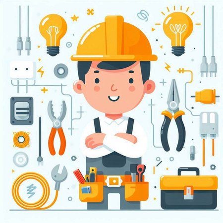 Cute cartoon man engineer in uniform with tools. Vector illustration.のイラスト素材