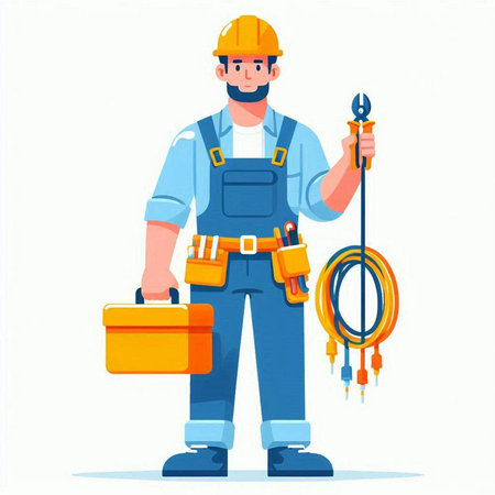 Electrician with tool belt. Electrician worker. Vector illustration in cartoon styleのイラスト素材