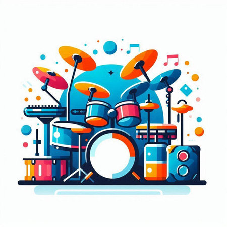 Drum set on colorful background. Vector illustration in flat style.のイラスト素材