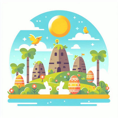 Easter landscape with eggs and rabbit. Vector illustration in flat styleのイラスト素材