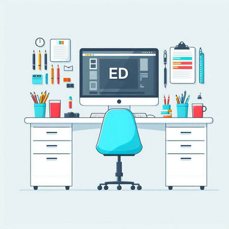 Workplace with computer and office supplies. Flat design vector illustration.のイラスト素材