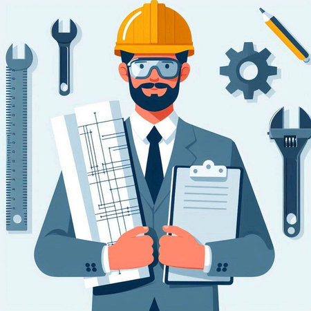 Architect with helmet and blueprint. Vector illustration in flat style.のイラスト素材