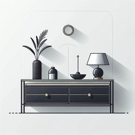 Vector illustration of modern bedroom interior with nightstand, lamp and plants.のイラスト素材