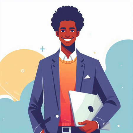 Young african american man with laptop in hand. Vector illustrationのイラスト素材