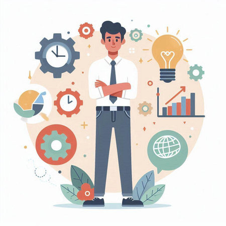 Flat design vector illustration concept of successful business man standing with his arms crossed and looking at the camera.のイラスト素材