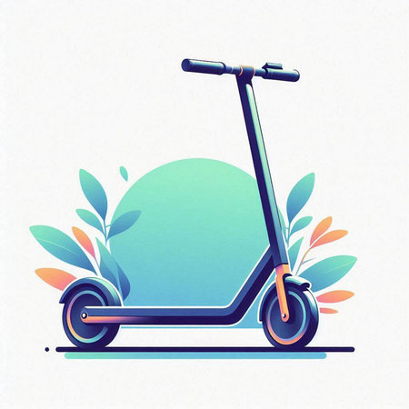 Vector illustration of electric scooter on the background of green leaves.のイラスト素材