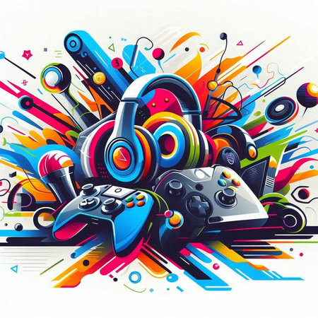 Vector illustration of colorful abstract music background with headphones and joysticks.のイラスト素材