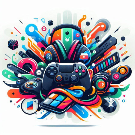 Vector illustration of colorful hand-drawn doodle background with gamepad, headphones and abstract shapesのイラスト素材