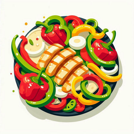 Salad with chicken and vegetables on a plate. Vector illustration.のイラスト素材