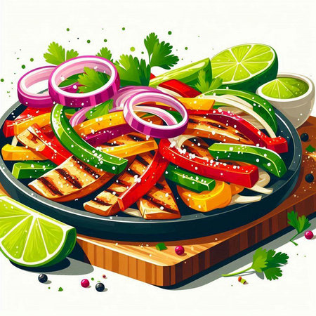 Tasty grilled chicken fillet with vegetables and spices. Vector illustration.のイラスト素材