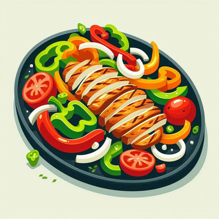 Grilled chicken fillet with vegetables. Vector illustration in cartoon styleのイラスト素材