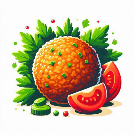 Vector illustration of fresh ripe orange with green leaves and slices of tomato.のイラスト素材