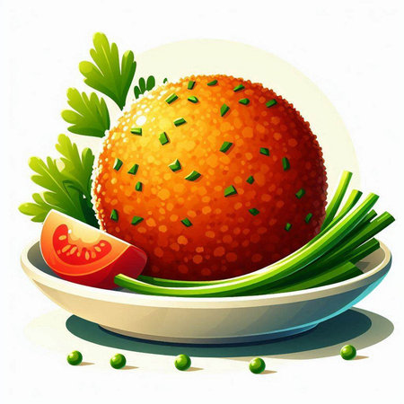 Illustration of a tomato cutlet with green onion on a plateのイラスト素材