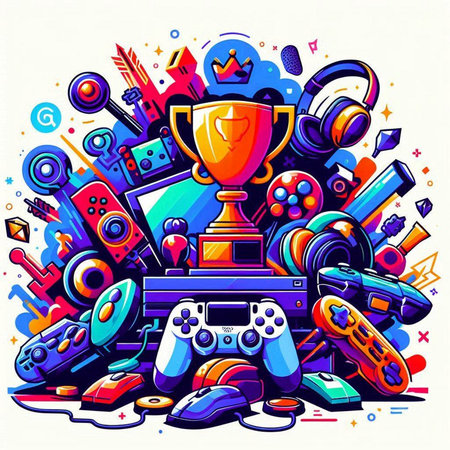 Cartoon colorful vector hand drawn doodles online gaming illustration.のイラスト素材
