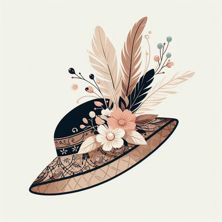 Vintage hat with feathers and flowers. Hand drawn vector illustration.のイラスト素材