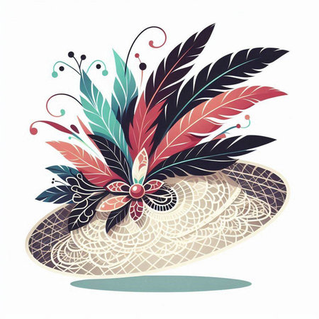 Illustration of a hat with feathers and flowers. Vector illustration.のイラスト素材