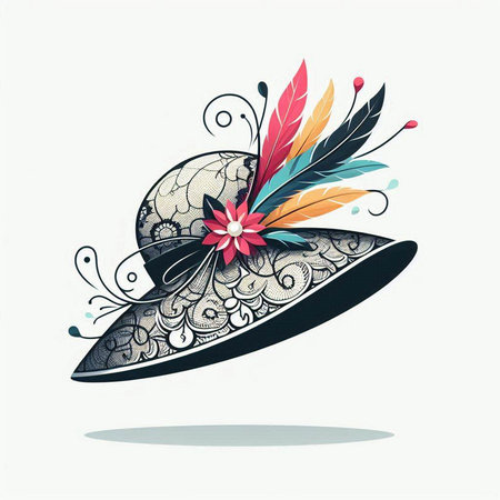 Vintage hat with feathers and flowers on white background. Vector illustration.のイラスト素材