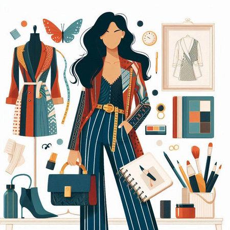 Fashion designer woman working in office. Vector illustration of a fashion designer.のイラスト素材