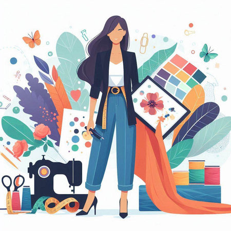 Vector illustration of fashion designer woman with sewing machine, scissors, fabric, flowers and other accessories.のイラスト素材