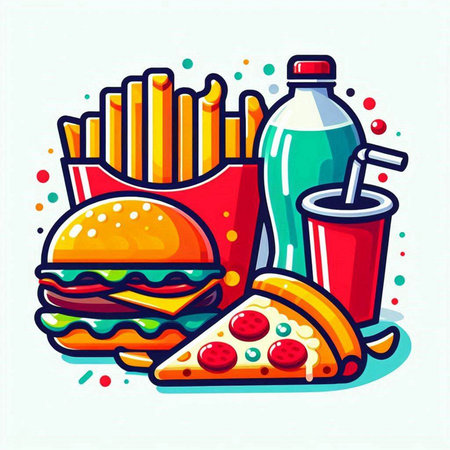Fast food vector illustration. Fast food icon. Burger, fries, cola, soda, pizza.のイラスト素材