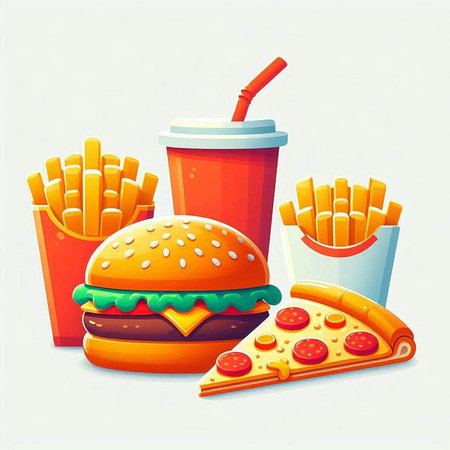 Fast food illustration of hamburger, french fries, soda and pizzaのイラスト素材