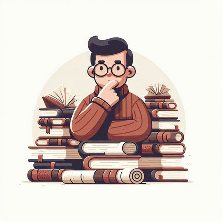 Man sitting on a pile of books and thinking. Vector illustration.のイラスト素材