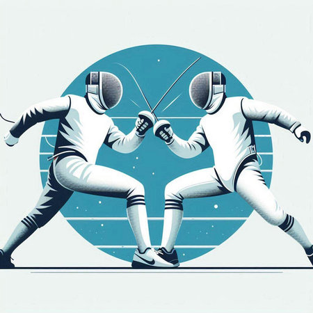 Fencing. Two young men wearing fencing suits. Vector illustration.のイラスト素材