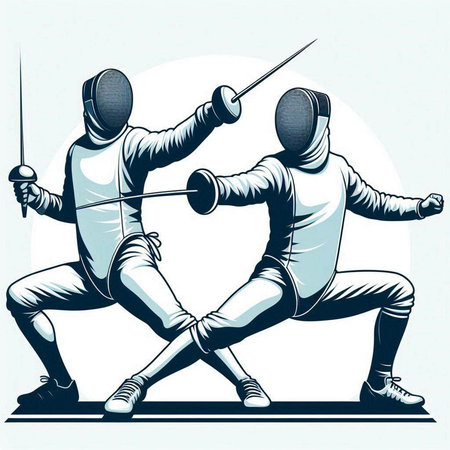 Fencing duel. Fencing athletes with swords. Vector illustration.のイラスト素材