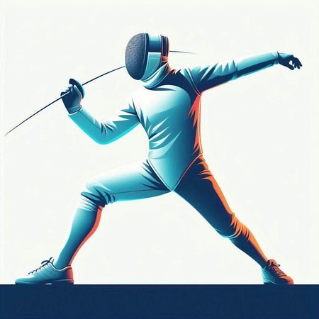 Fencing sport concept as a silhouette of a man wearing a fencing suit with a sword in his hand as a 3D illustration.のイラスト素材