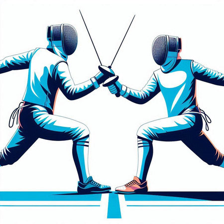 Fencing duel. Vector illustration of two young men in fencing costume.のイラスト素材