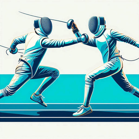 illustration of two fencers in action, vector illustration in retro styleのイラスト素材